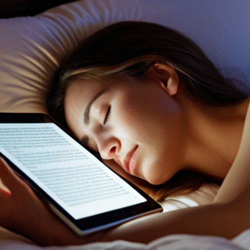 Home 4 **A serene bedroom scene at night. Soft, warm lighting illuminates a person comfortably nestled in bed, eyes closed in peaceful sleep. An ASMR video plays softly on a nearby tablet, featuring gentle hand movements. Capture the feeling of relaxation and improved sleep quality.**