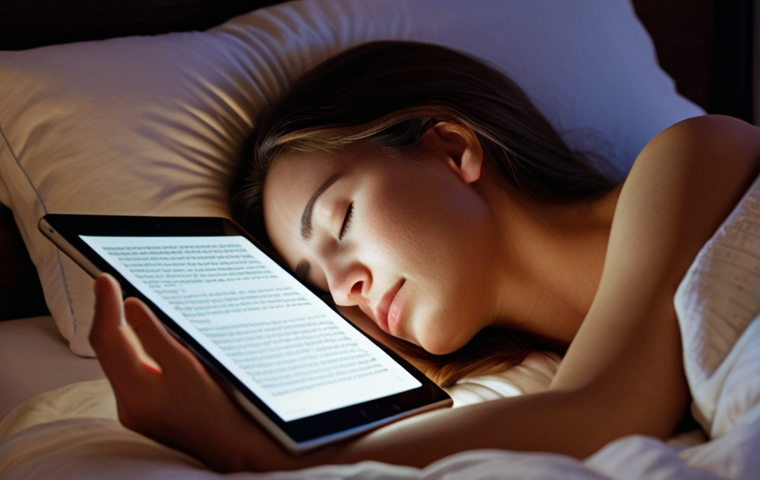 **A serene bedroom scene at night. Soft, warm lighting illuminates a person comfortably nestled in bed, eyes closed in peaceful sleep. An ASMR video plays softly on a nearby tablet, featuring gentle hand movements. Capture the feeling of relaxation and improved sleep quality.**